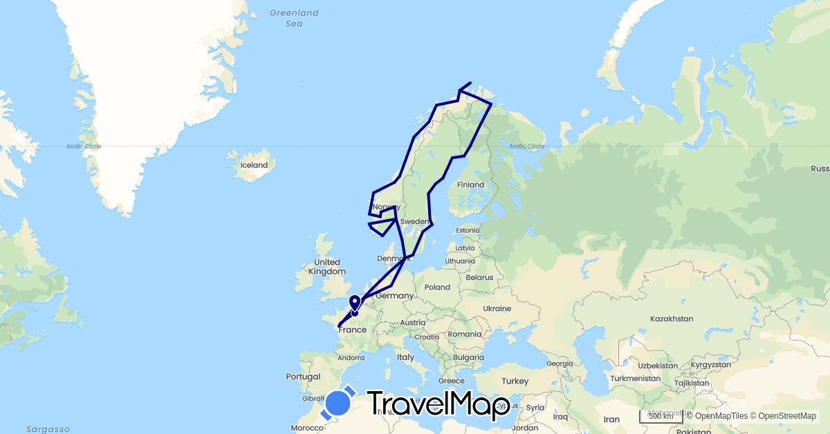 TravelMap itinerary: driving in Belgium, Germany, Denmark, Finland, France, Norway, Sweden (Europe)